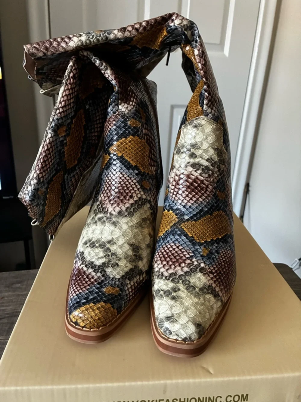 Yoki Multicolor Snake-Print Knee Boots - Brown, Tan, Black, Cream - Picture 4 of 6